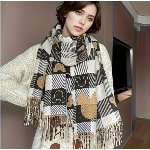 Plush Tan Black White MICKEY MOUSE Scarf Wrap Buffalo Check Long Wide - Picture 1 of 7